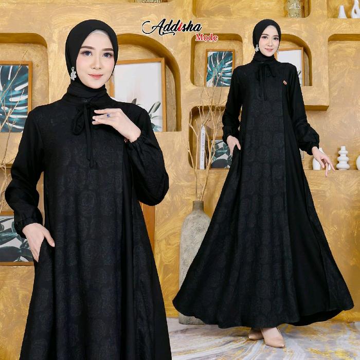 Addisha Mode Gamis Terbaru Dr By Adisha Edisi Lebaran Ya Bahan Jet Black Kombi Jaguar Warna Itam Siz