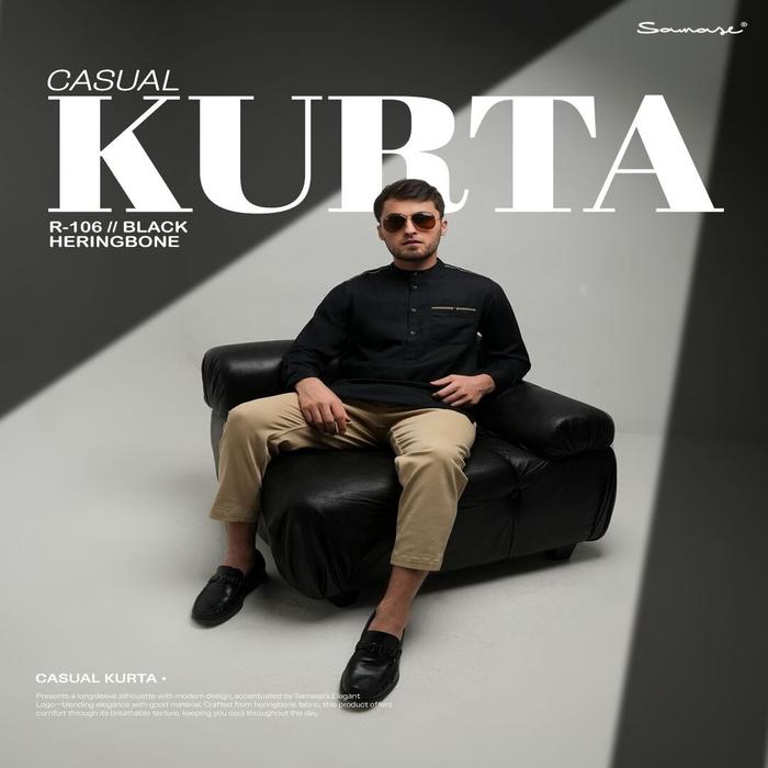 SAMASE R106 Kurta Casual Baju Koko Pria Muslim Lengan Panjang Hitam Putih