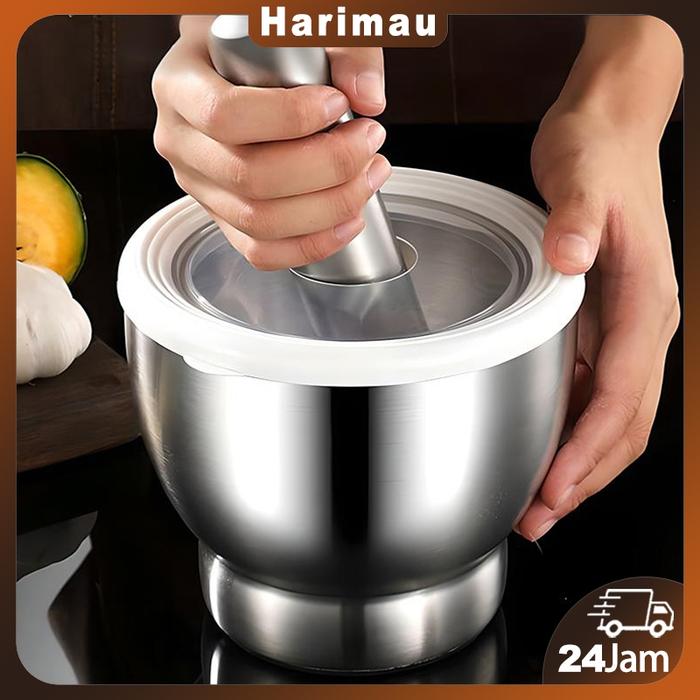 Cobek Stainless / Tumbukan Bumbu Dapur Dengan Tutup / ulekan Stainless/Mortar Pestle Tumbukan Bumbu