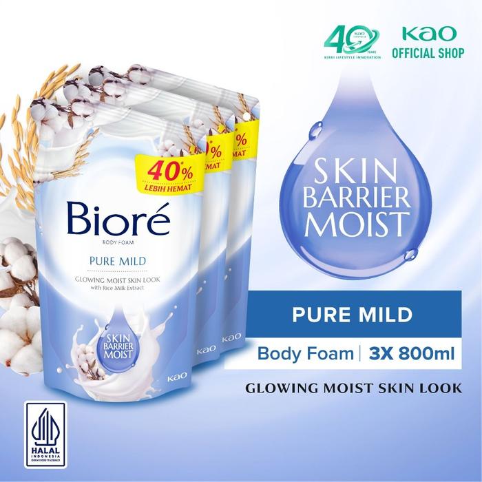 Biore Body Foam Sabun Mandi Cair Pure Mild Pouch 800ml Triplepack