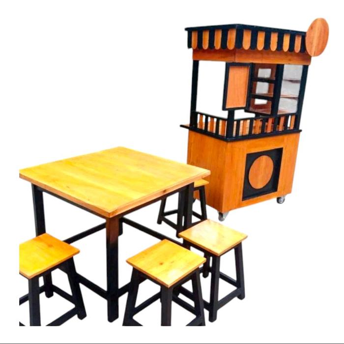 Gerobak Booth Kayu Mahoni Coklat Lis Hitam dengan Meja Kafe & 4 Kursi Roda 4 Buah Furniture Kayu unt