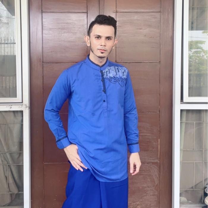 Kurta Al Abrar 2426 Lengan Panjang Biru Telang Motif Bordir Muslim