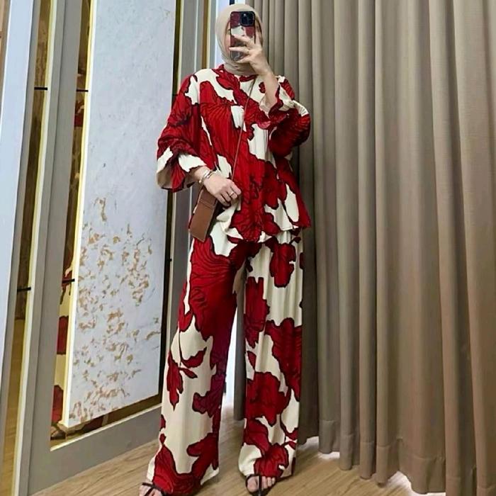 MOANA SET Rayon Premium Best Seller Setelan Wanita Tunik Rempel Muter Kancing Busui Celana Cringkle 