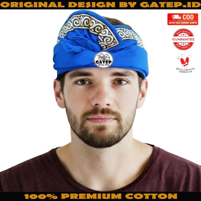 Udeng Bali Biru Polos Lis Songket Keong Setengah Jadi - Ikat Kepala Bali - Pecii Bali - Blangkon Bal
