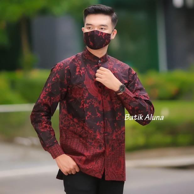 Baju Koko Pria Lengan Panjang Premium - Model MBA 007 - Songkok, Motif, Merah, Masker, Kopiah, Katun