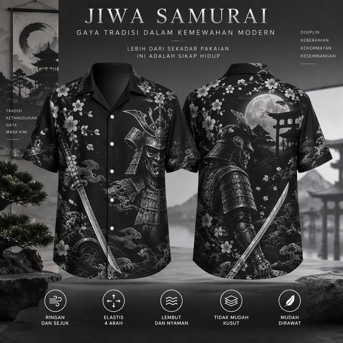 Kemeja Pria Lengan Pendek Hitam Motif Samurai Jepang Bunga Sakura dan Pedang Tampilan Depan Belakang