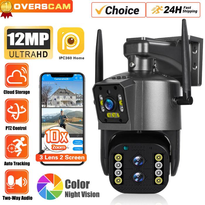 12MP 6K Outdoor Wifi 10X Zoom Surveillance IP 3 Lens Dual Screen Cameras Ai Auto Tracking CCTV Secur