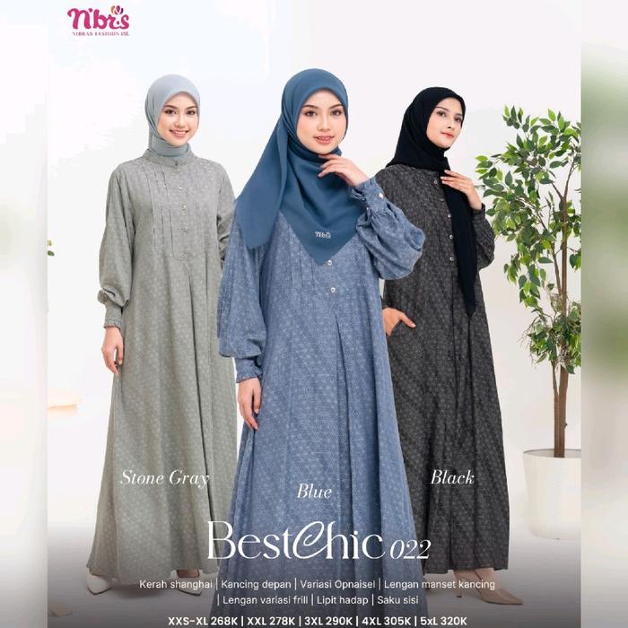 Gamis Nibras Terbaru BestChic 022 Warna Hitam Black Biru Blue Abu Stone Gray Bahan Jaquard Motif Bat