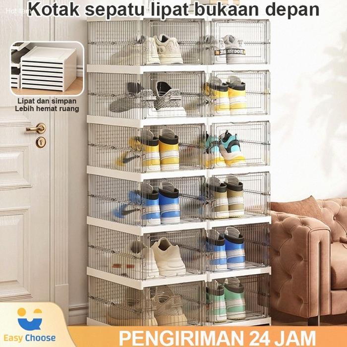 【Easy Choose】 Kotak Sepatu Lipat 3/6 Rak Sepatu Lipat Serbaguna Kotak Sepatu Transparan Tempat Penyi