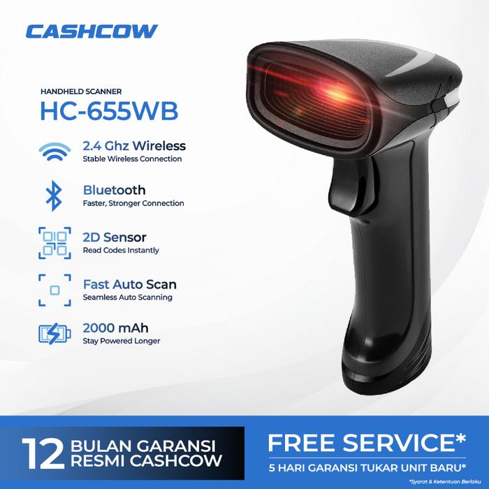 CASHCOW HC-655WB – Scanner 2D/1D Bluetooth Wireless+USB, Scan Layar HP, Plug&Play, Cepat untuk Kasir