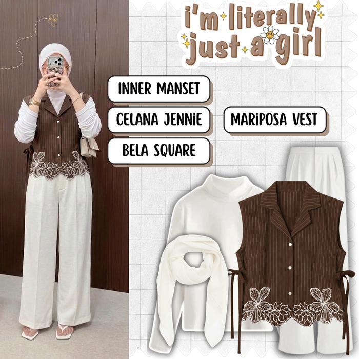 Oneset Hijab Remaja Casual | Mariposa Vest + Celana Jennie + Bella Square | Korean Look Outfit-AR173