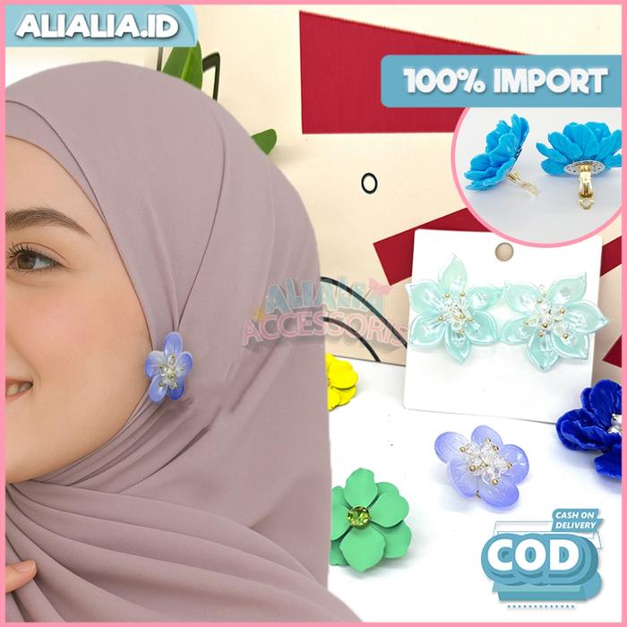 Anting Hijab Jepit Klip Wanita Bunga Mawar Lucu Aksesoris Hiasan Kerudung Kekinian