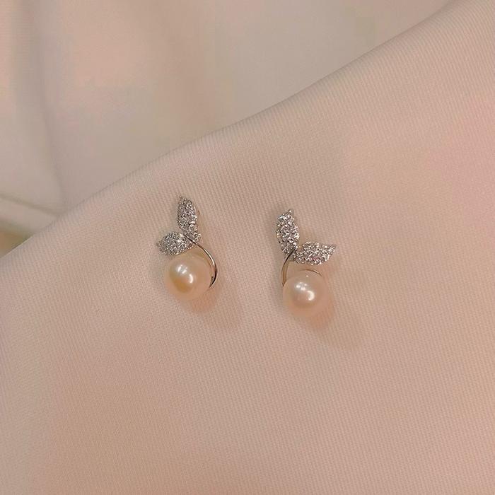 Lyren mutiara menyediakan anting perak 925 dilapisi emas putih asli, mutiara asli, dijamin tidak aka