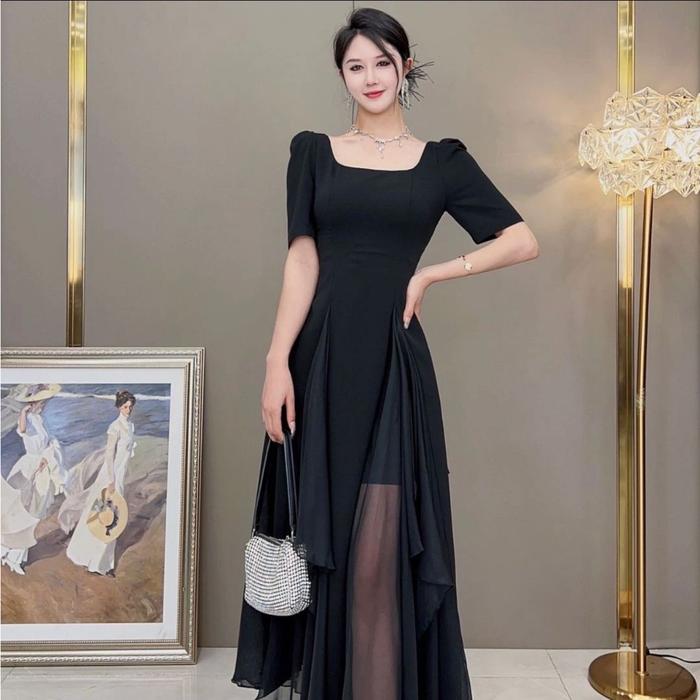 Dress Hitam Polos Korea FAN Long Dress