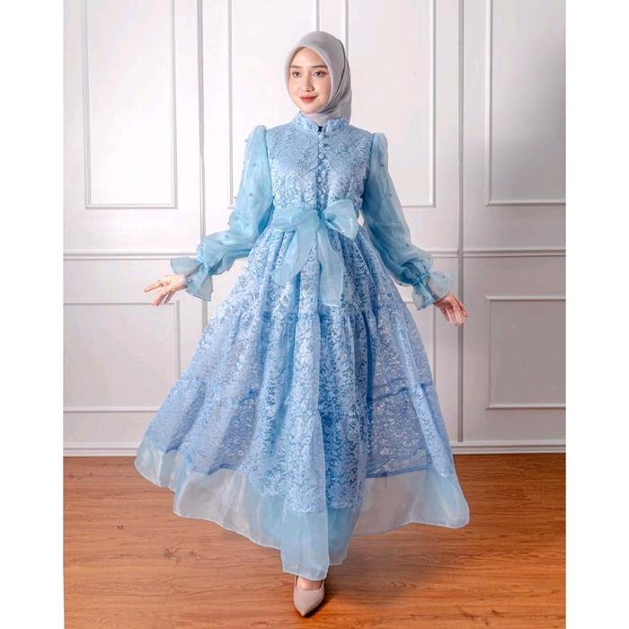 MONA - Gamis / Baju Muslim / Dress Brukat Mewah Mutiara Busui jumbo M L XL XXL warna biru muda langi