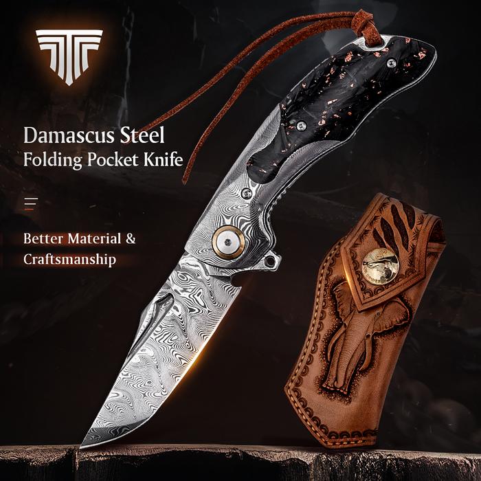 TRIVISA Damascus Steel Pocket Folding Knife Camping Hunting Outdoor