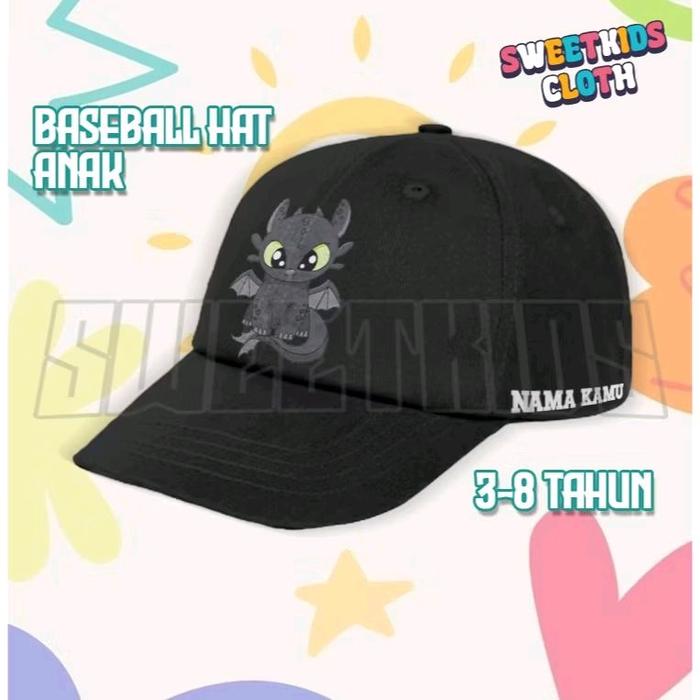 Topi Anak Toothless Dragon Gratis Nama / Topi Baseball Anak Toothless Dragon Bonus Nama