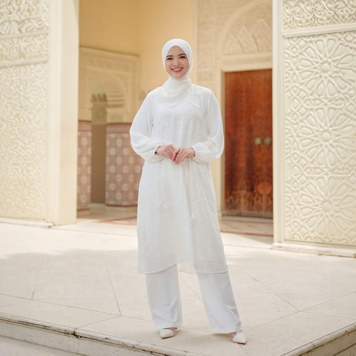 Spesial Zm Zaskia Mecca - Bivana Midi Dress Gamis - White Series - Binar Samudra Bordir Crinkle