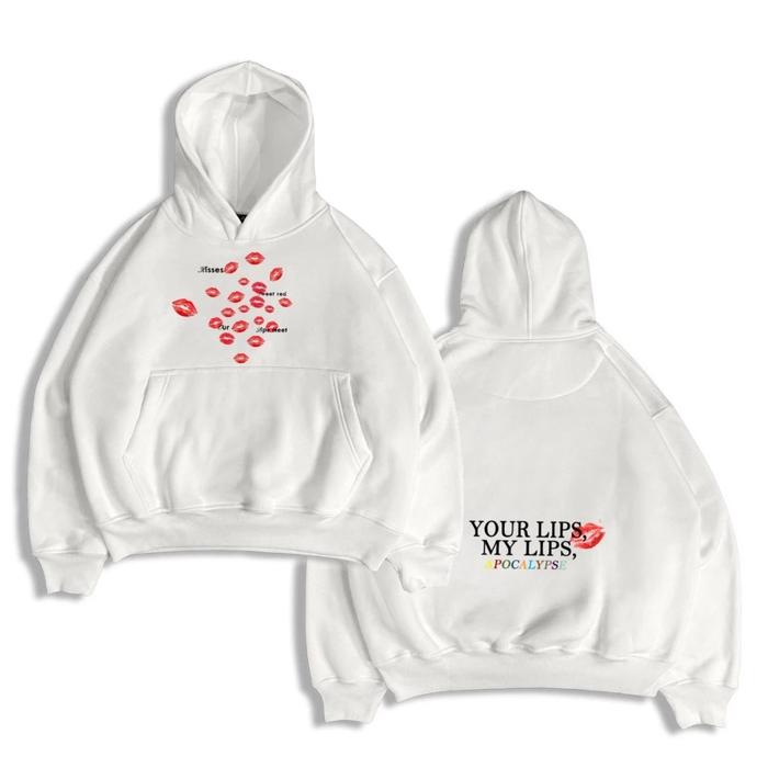 Jaket Hoodie Fleece Vintage Kiss Lips Meet Putih