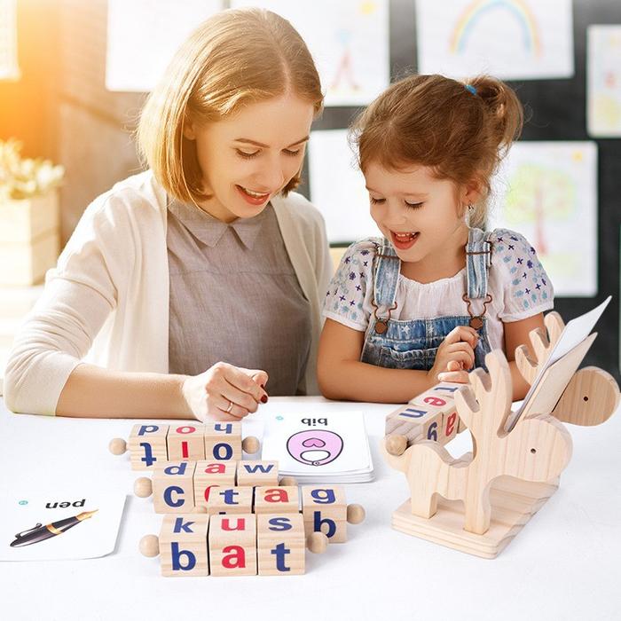 Children Montessori Wooden Spelling Words Games Toys Vowel Alphabet