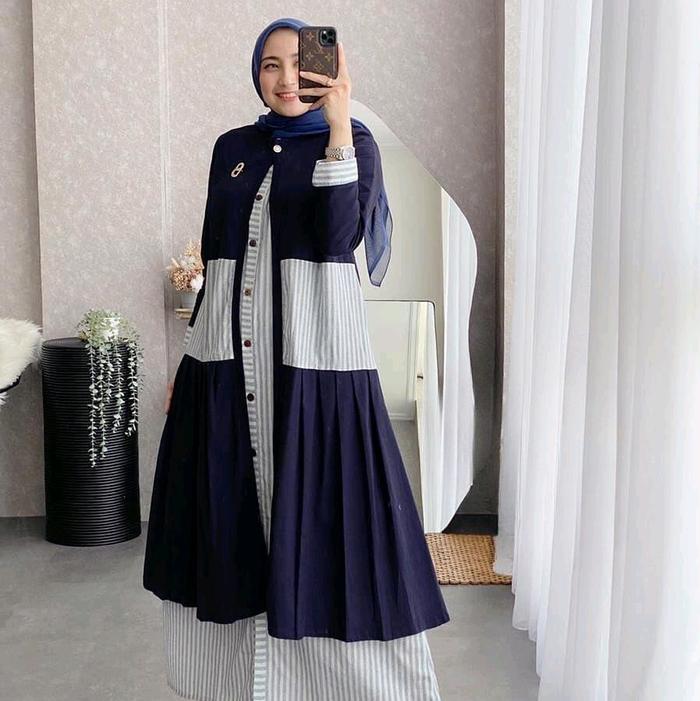 Kayyisa Dress Gagil/Ninos Iner Outer Kain Katun Salur Toyobo Gamis Muslim Cardigan Wanita Kardigan K