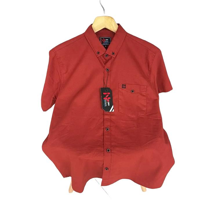 Kemeja Pria Lengan Pendek Premium Warna Bata Kain Katun Nyaman Linen Slimfit Kantor Casual Rayon Bas