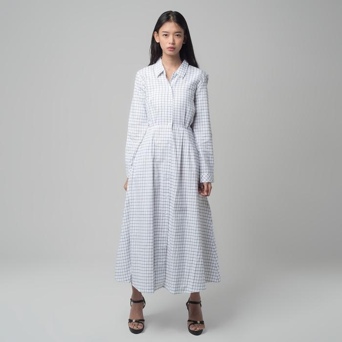 Benhill Gamis Wanita Flannel Lengan Panjang Kotak Putih 1204-11130 Casual Kancing