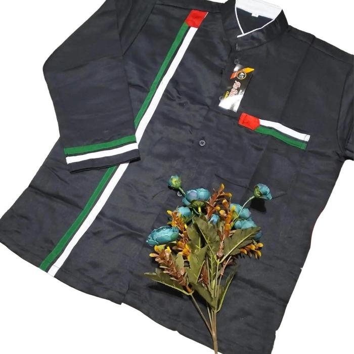 AK Fashion Atasan Muslim Koko Palestin Hitam Putih Anak Laki-Laki & Dewasa Elegan Motif Bordir Katun