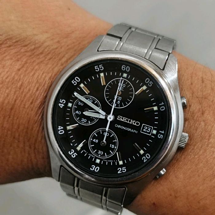 Seiko Jam Tangan Chronograph All Original Vintage Hitam Dial Tali Stainless Steel