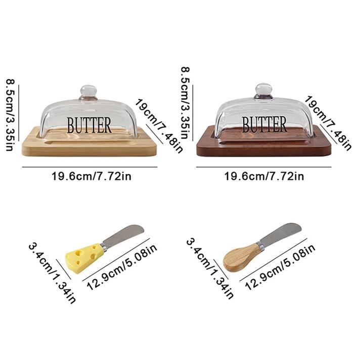 Wooden Butter Dish With Glass Lid And Knife Reusable Butter Storage Dish Butter Case Butter Containe