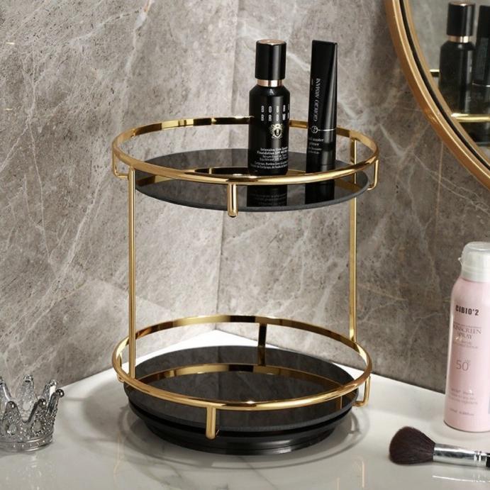 Spin Marble Double Rack / Rak Kosmetik Putar Marmer Gold Cantik Mewah