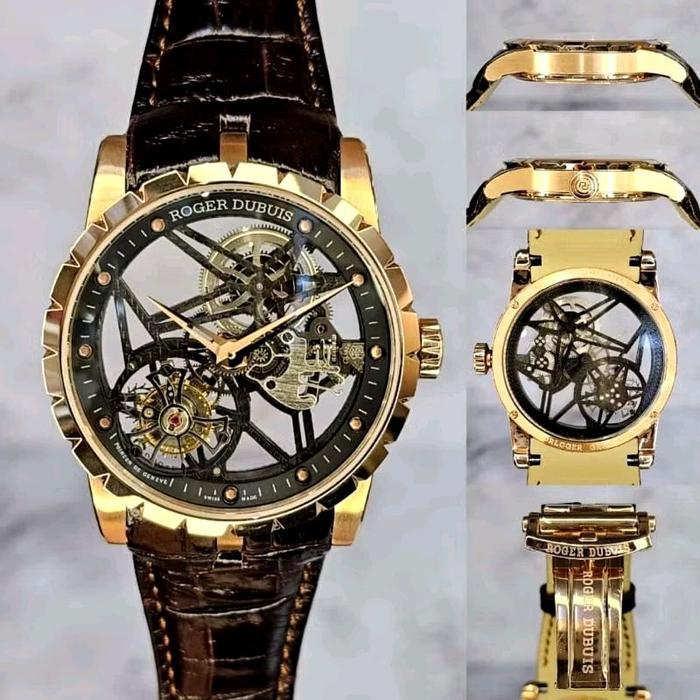 RgrJam tangan mewah bergaya skeleton dari Roger Dubuis ini menampilkan desain mekanikal terbuka yang