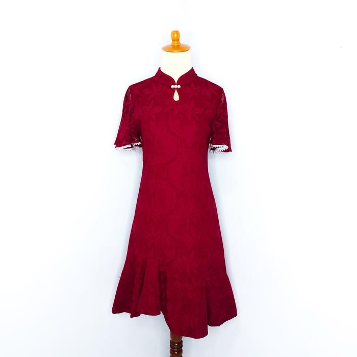07 - Dress Cheongsam Merah Qipao Brokat / Dress Import / Dress Cina / Dress Sangjit / Dress China /