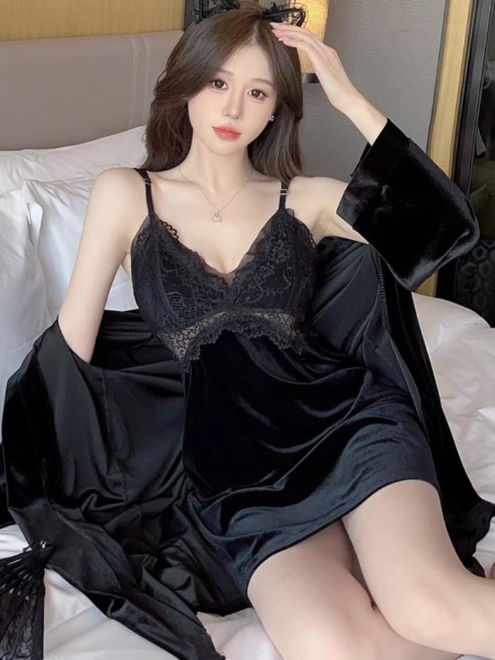 LUXLACE daster kencana ungu asli Piyama Seksi Tulle Sutra Es Baju Tidur Renda Kelas Atas Wanita Baru