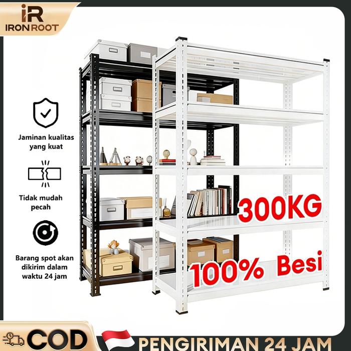 IRONROOT Rak Besi Siku 5 Susun Rak Susun Serbaguna Rak Besi Susun 4 Tingkat Rak Gudang 100% Besi
