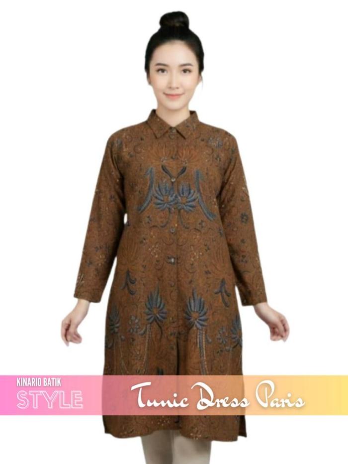 Gamis Batik Kinario Dress Kancing Terusan Batik Cap Paris Modern Solo Gaya Feminim Elegant 100% Katu