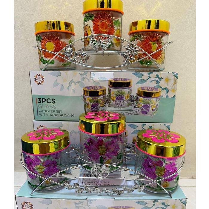 3 PCS TOPLES + RAK toples Set /toples makanan /toples mewah toples kaca beling