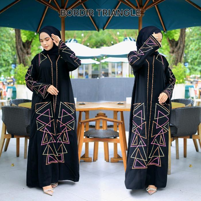 Sabella Abaya gamis hitam bordir Triangle Jetblack Saudi Umroh Haji Muslim Mewah Wanita Dress Syari