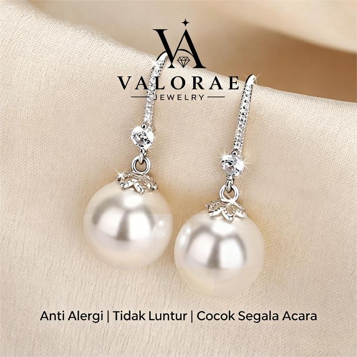 VALORAE Anting Gantung Mutiara Bulat Zirkon Berkilau Titanium Lapisan Perak Anti Karat Anti Alergi A