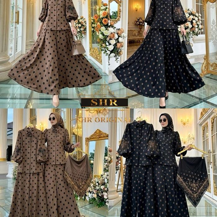 SHR Original Baju Muslim Wanita Polkadot Elegan dengan Hijab dan Tas Cantik untuk Acara Spesial