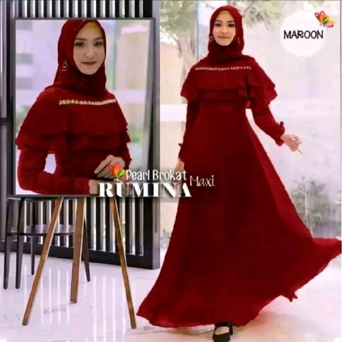 sale Rumina Pearl Brokat Maxi Maroon Gaun Muslimah Elegan dengan Detail Ruffle dan Hiasan Mutiara