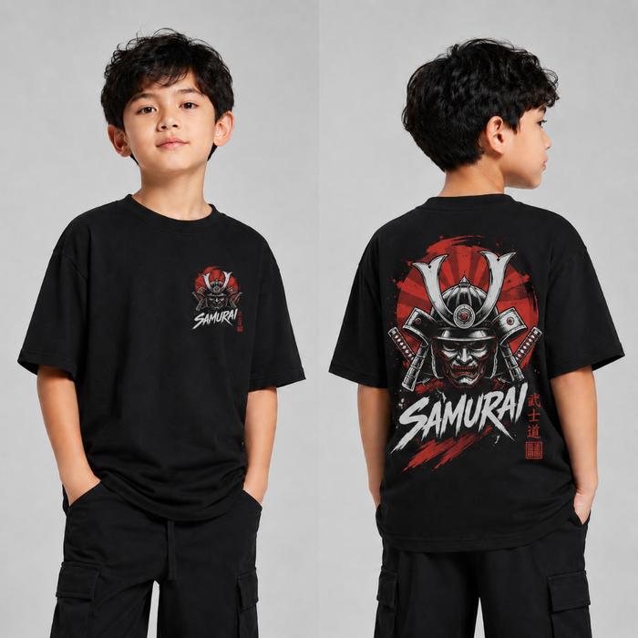 Kaos Anak Samurai Japan Hitam | Baju Anak Oversize Distro Motif Samurai Mask Merah COD