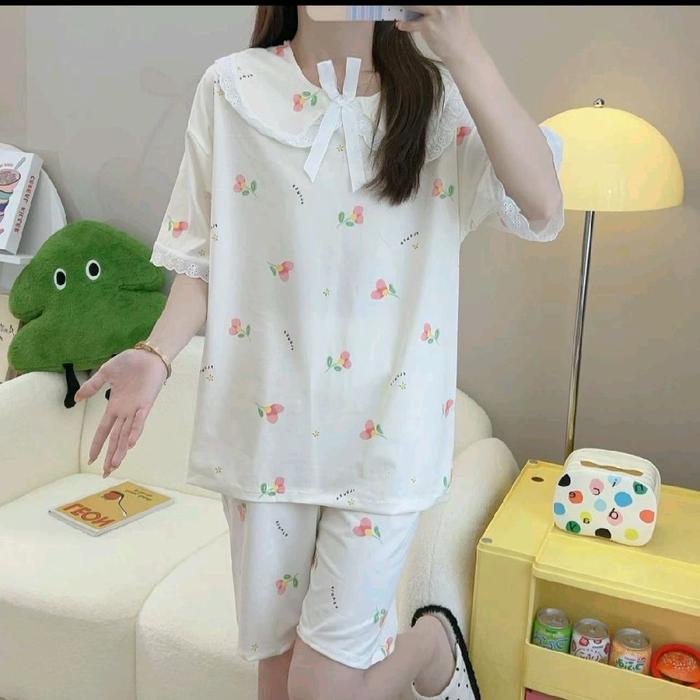 PIYAMA IMPORT 3/4 RENDA PITA BUNGA PUTIH Pendek Tidur Lembut Nyaman