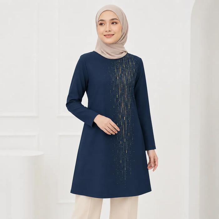 Dikirim Dalam 48 Jam Baju Tunik Muslimah Wanita Lengan Panjang Motif Garis Vertikal Sparkle Asimetri