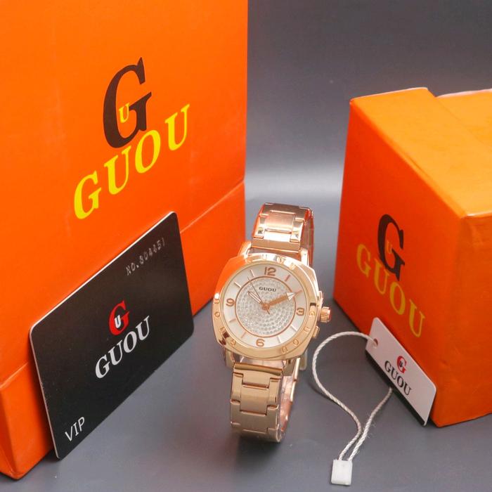 free box ori kecil & kartu garansi & paperbag // jam tangan wanita original guou oval angka VN-7522D