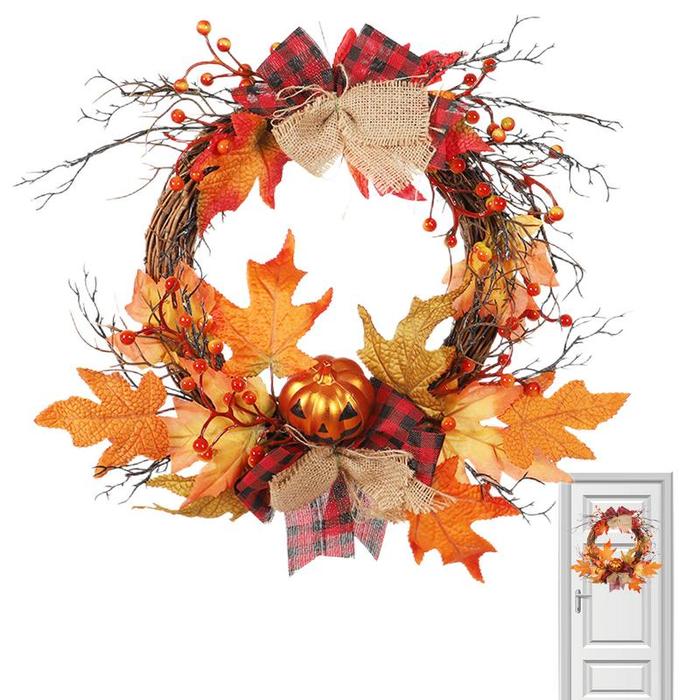 Halloween Pumpkin Maple Leaf Wreath Wooden Artificial Plant Wreath
