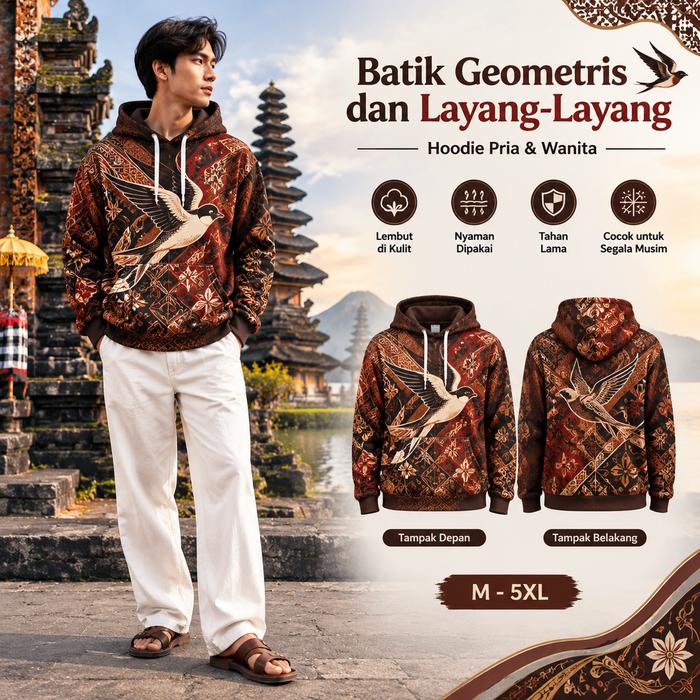 Hoodie Batik Geometris Motif Burung Layang-Layang Pria Wanita Unisex Lengan Panjang Casual Ukuran M-