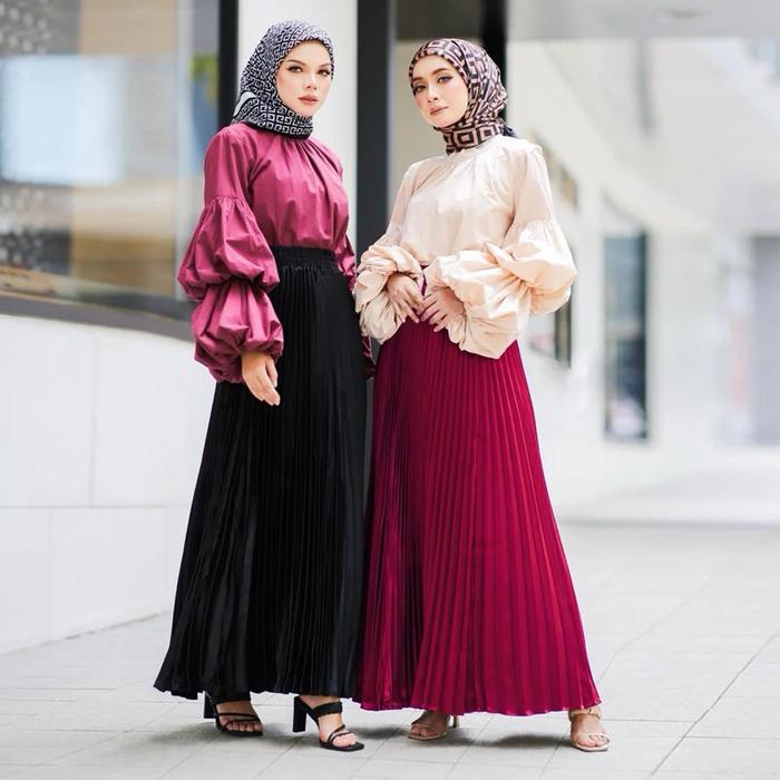 Rok Plisket Beludru Panjang Rok Panjang Rok Plisket Rok Bludru Rok Velvet Muslim Wanita Tebal Hitam 