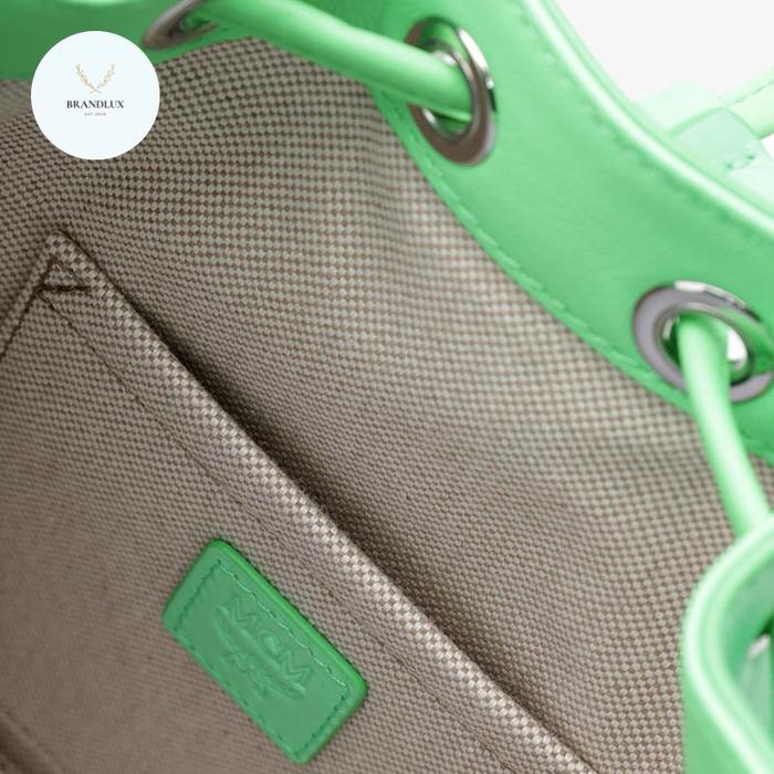 MCM MINI DRAWSTRING BUCKET BAG IN SUMMER GREEN WITH CHAIN HANDLE