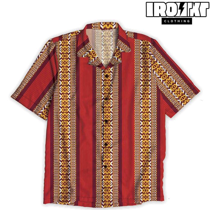 IRONIKT KEMEJA Motif Gorden Jadul Etnik Tribal Merah Marun Kuning Garis Vertikal Retro | Kode P0026